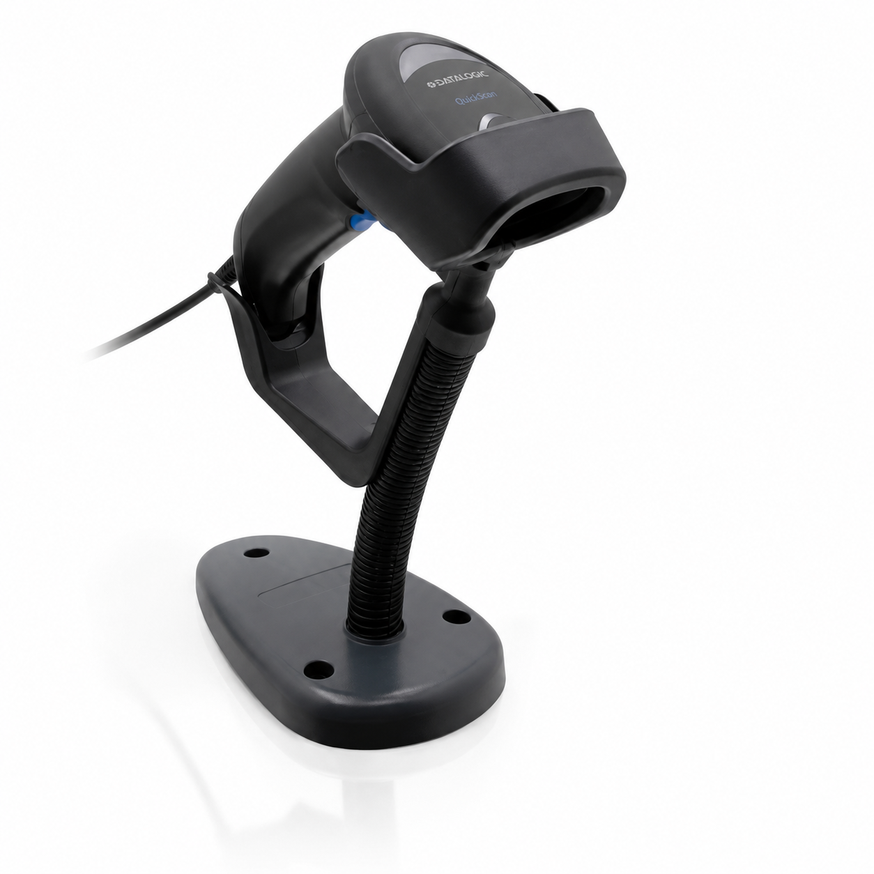 Black Datalogic QuickScan barcode scanner in hands-free stand
