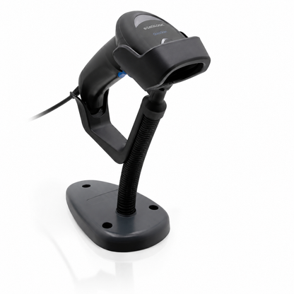 Black Datalogic QuickScan barcode scanner in hands-free stand