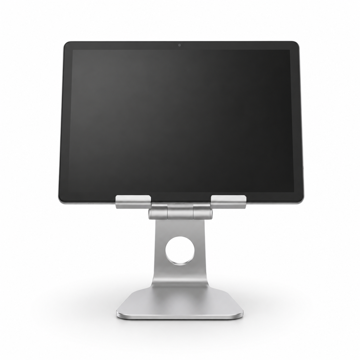 Front view of Lenovo Tab M11 in Luna Grey on a silver POS stand, sold separately