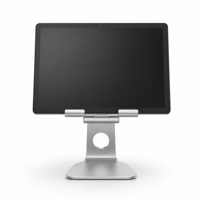 Front view of Lenovo Tab M11 in Luna Grey on a silver POS stand, sold separately
