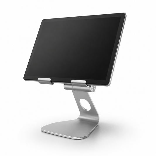 Lenovo Tab M11 in Luna Grey displayed on a silver POS stand, sold separately