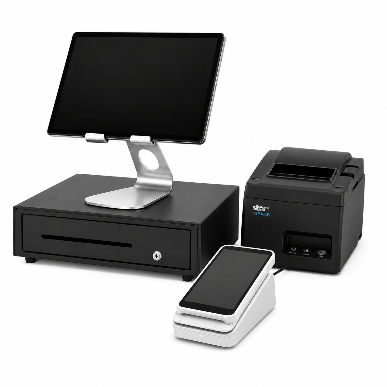 Complete POS bundle with card terminal, Lenovo Tab M11 and silver stand, cash drawer and thermal receipt printer