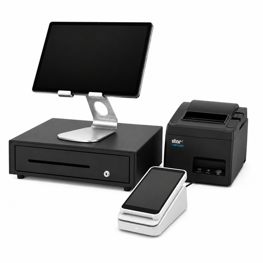 Complete POS bundle with card terminal, Lenovo Tab M11 and silver stand, cash drawer and thermal receipt printer