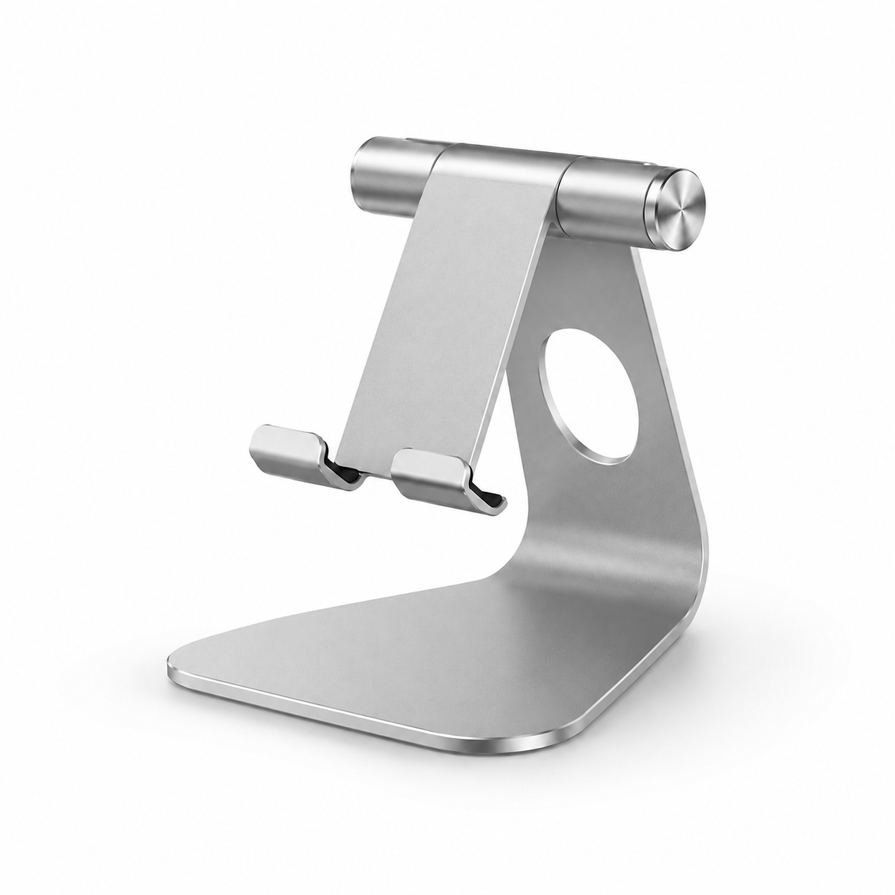 A silver metallic laptop stand with a minimalist design, featuring a circular cutout in the back and a small engraved logo that reads 'lornitz'.