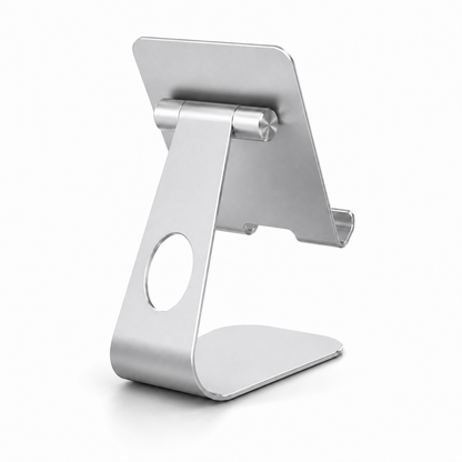 A silver aluminum tablet stand with a minimalist design, featuring a circular cutout on the side and the 'Lunical' brand logo printed on the hinge area, set against a plain white background.