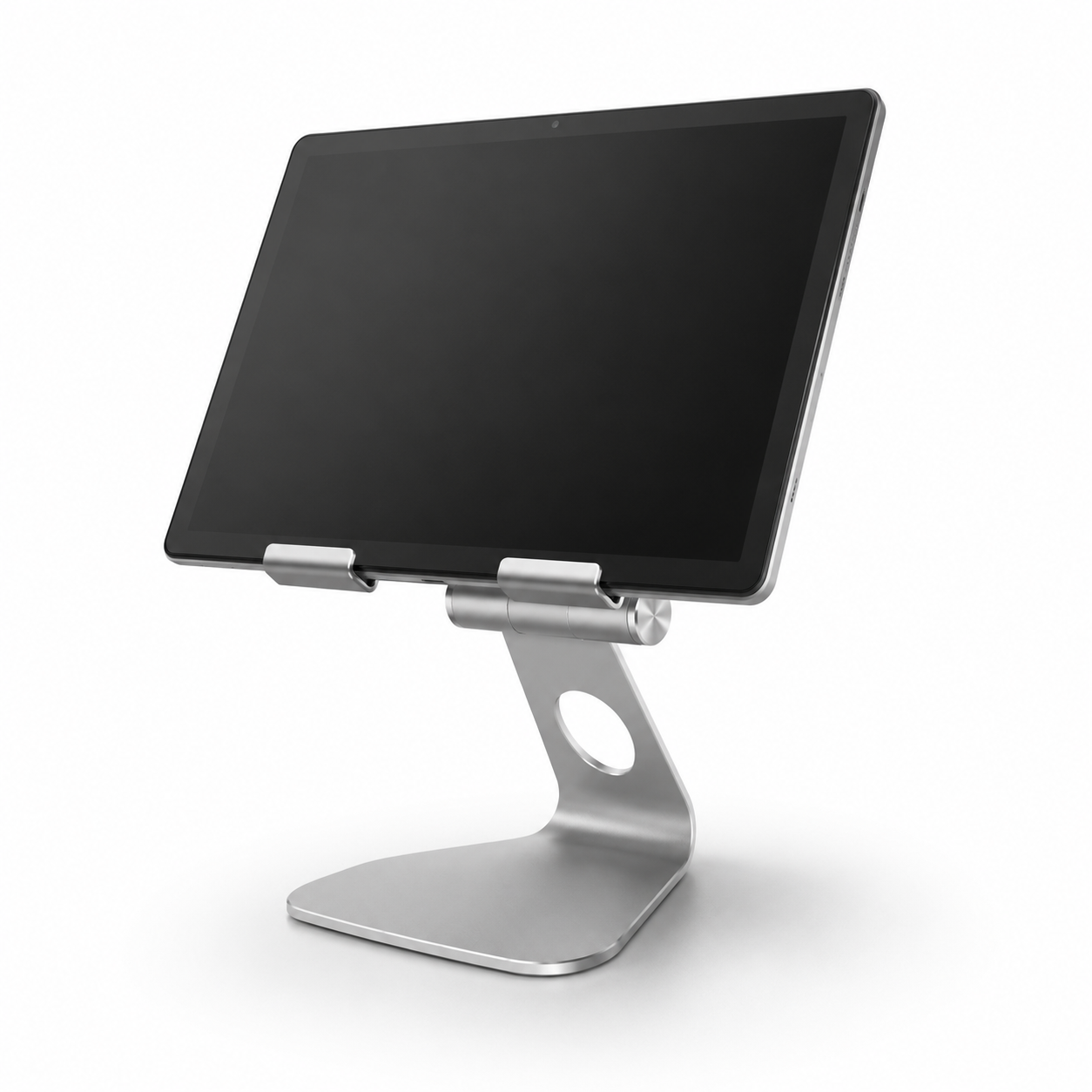 Silver tablet POS stand holding a tablet in landscape orientation
