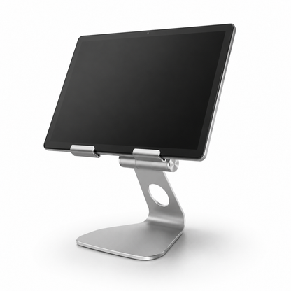 Silver tablet POS stand holding a tablet in landscape orientation