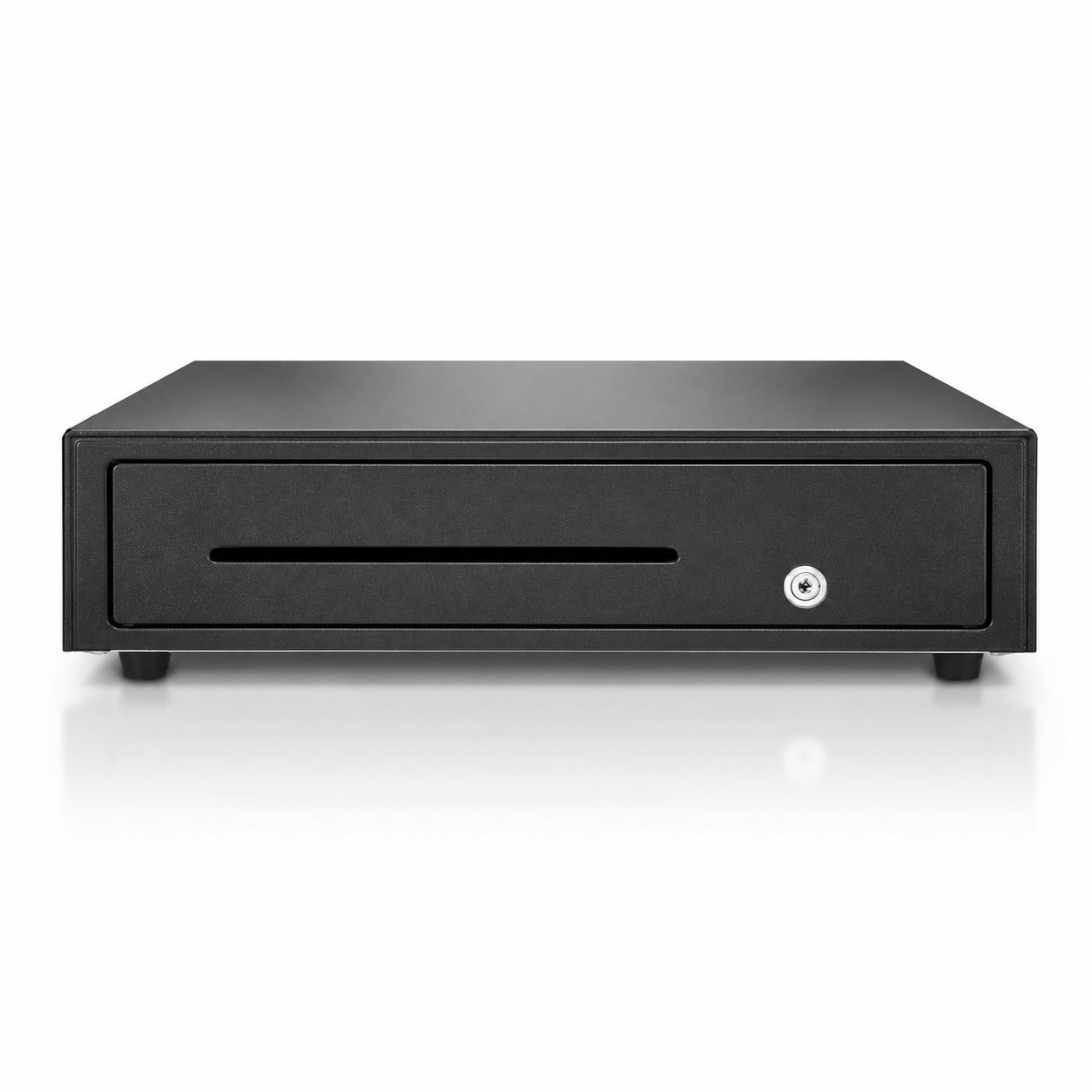 Star CB2002 black cash drawer front view with key lock and note slot
