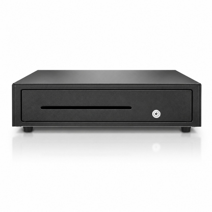 Star CB2002 black cash drawer front view with key lock and note slot
