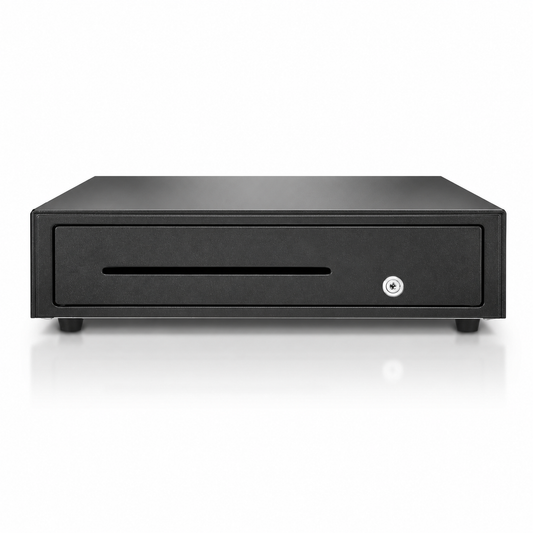 Star CB2002 black cash drawer front view with key lock and note slot
