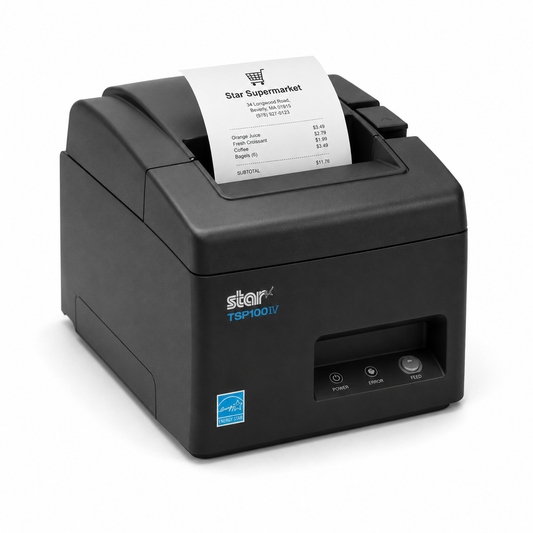 Black TSP100 80mm thermal receipt printer printing a receipt, angled view